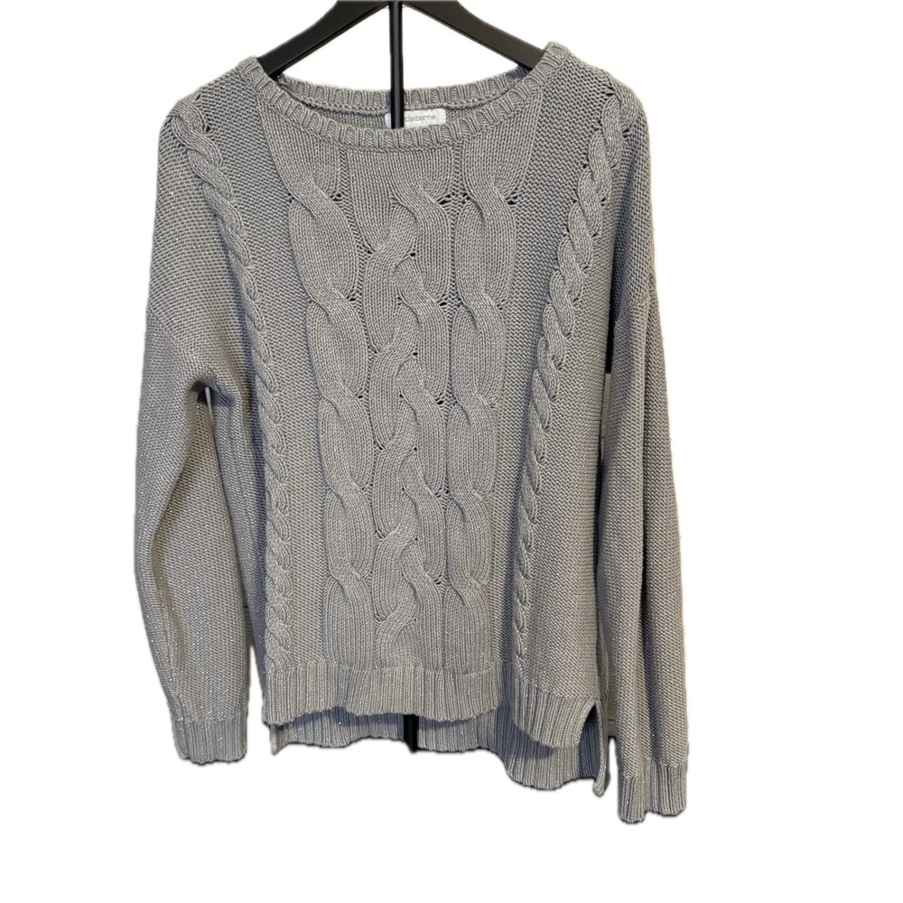 Liz‎ Claiborne Gray Cable Knit Sweater Women's LT Metallic Thread